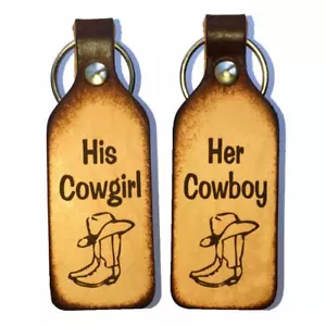 Her Cowboy His Cowgirl Engraved Leather Keychain Set (Pair) - Picture 1 of 1