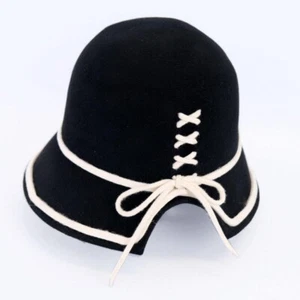LaLa Australia Cloche Hat - Black With White Trim- Outer 100% Australian Wool - Picture 1 of 3