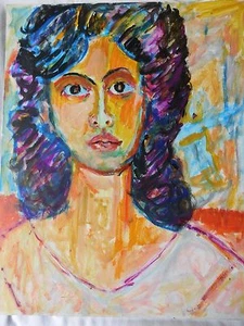 Donna Occhi Marrone - Quadro Vintage Colorista Audace Espressionista Acrilico su Tavola - Foto 1 di 4