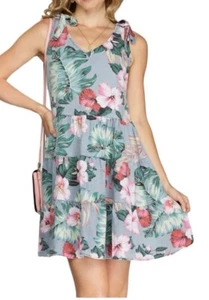 She + Sky Chambray Floral Print Tiered Dress Size M - Picture 1 of 9