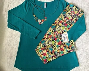 Lularoe Outfit Lynnae Top Large Solid Turquoise Teal & TC Coral Paisley Leggings - Picture 1 of 5