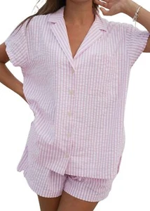 Womens Striped Pajama Set Cute Heart Pjs Sleepwear Short Sleeve Shirt and Sho... - Picture 1 of 5