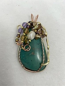 Handmade Copper Wire Wrap 1 1/2" x 2 1/2" Turquoise Pendant #261 & 18" Chain - Picture 1 of 6