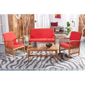 SAFAVIEH Outdoor Collection Rocklin 4-Piece Patio Set | Natural/Red Cushion | - Picture 1 of 12