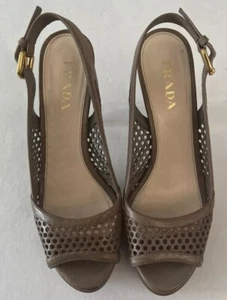 PRADA Sz 36.5 EU 6-6.5 US Perforated Peep Toe Platform Slingback Sandals Neutral - Picture 1 of 11