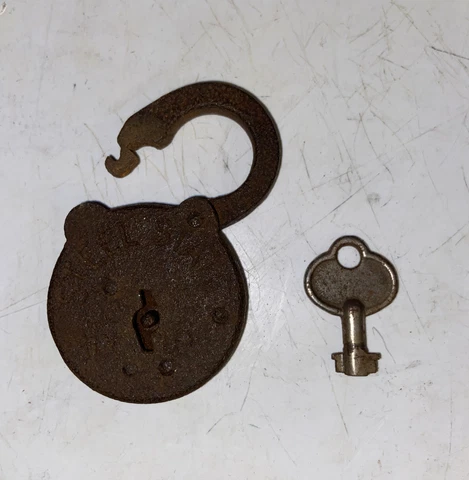 Vintage Antique Lock. Steel Star. Not Working. Original Key Cover