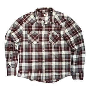 Levi’s Pearl Snap Flannel Shirt Men’s L Burgundy Grey Plaid Western Long Sleeve - Picture 1 of 12