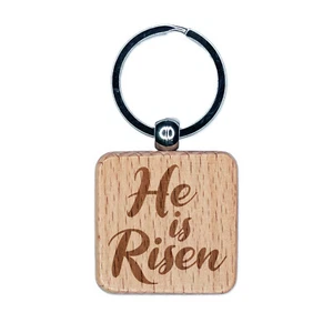 He is Risen Religious Easter Christian Engraved Wood Square Keychain Tag Charm - Picture 1 of 6