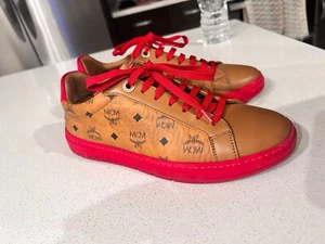 EUC MCM Skyward Platform Sneakers in Visetos Size37 Red/ Tan 37 - Picture 1 of 5