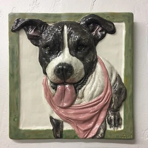 American Staffordshire Terrier Pit Bull Dog Ceramic Portrait 3D Tile In Stock - Picture 1 of 4