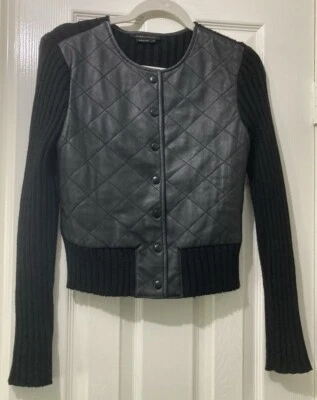BCBG MAXAZRIA Woman's Leather Sweater Bomber Jacket Black Size Medium - Image 1 of 4