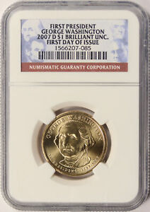 2007-D Washington Presidential Dollar $1 NGC Brilliant Unc. First Day Position A