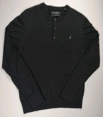 Allsaints Sweater Henley Merino Wool Crewneck Pullover Knit Ramskull Logo Mens L - Image 1 of 4