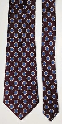 Corbata AQUASCUTUM Toda Seda Geométrica Azul Borgoña Círculos Hecha en Inglaterra Foto 1 de 4