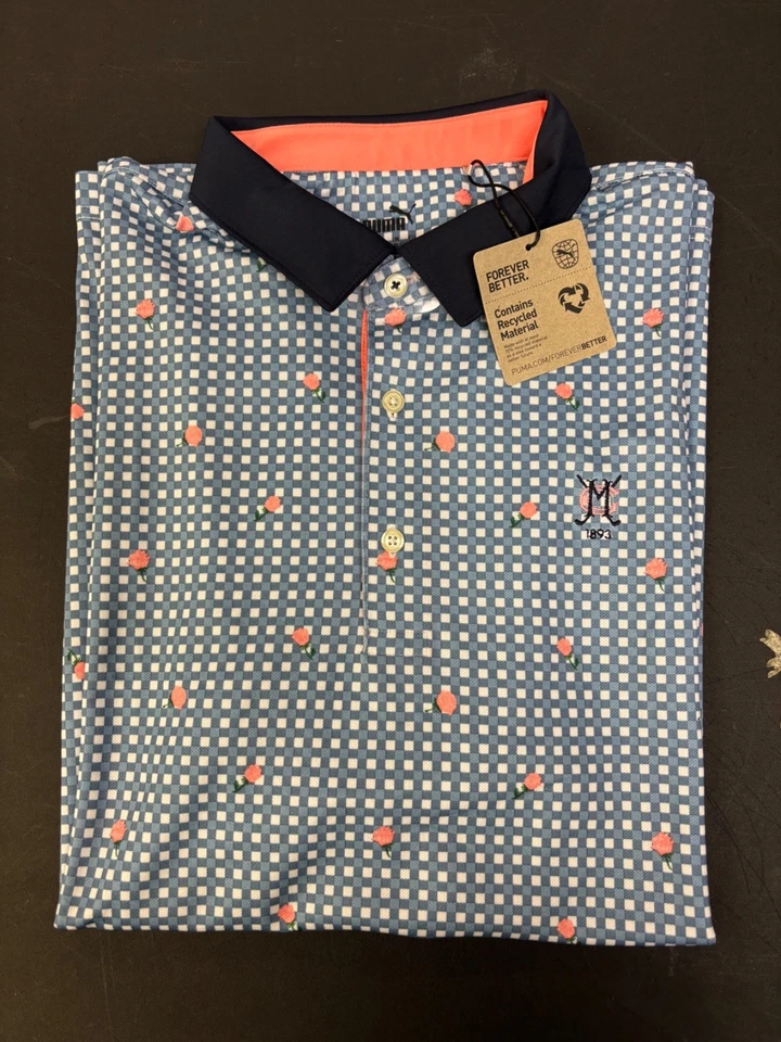 Puma Mens Pique Gingham Polo Golf Shirt Floral White Glow/Zen Blue Sz M