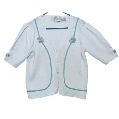 Susan Bristol Sweater Womens Size M White Short Sleeve Cardigan Pearl Buttons - Image 1 of 4