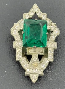 VTG Rhinestone Dress Clip Silver Tone Green Clear Art Deco Style Estate Find - Picture 1 of 5