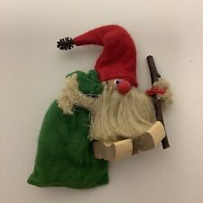 Handcrafted Holboll Denmark Santa Gnome Wooden Shoes Holding Green Bag & Stick