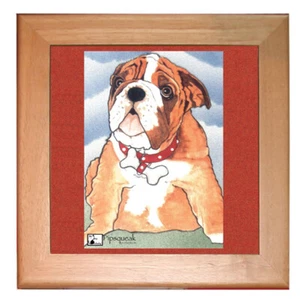 Bulldog Dog Kitchen Ceramic Trivet Framed in Pine 8" x 8" - Picture 1 of 1