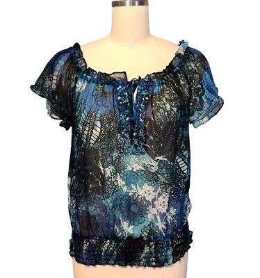 Sunny Leigh Y2K Sheer Sequin Top Smocked Fairy Mermaidcore Ruffles Women’s Sz S - Изображение 1 из 4