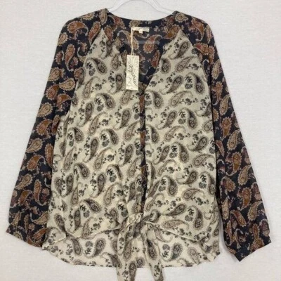 New Mystree Multi Color Paisley Tie Front Patchwork Boho Long Sleeve Top Large - Image 1 of 4