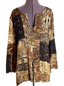 Vtg 90s Y2K Chicos Silk Linen Blouse Size 2 (L) Mixed Print Beaded Wearable Art - Picture 1 of 12