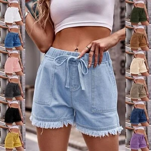 Ladies Denim Shorts Jeans Fringed Pockets Summer Elastic Waist Casual Pants SIZE - Picture 1 of 55