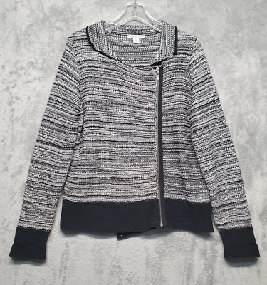 Coldwater Creek Sweater Womens Medium Black White Moto Zip Snap Cardigan 10-12 - Imagem 1 de 4