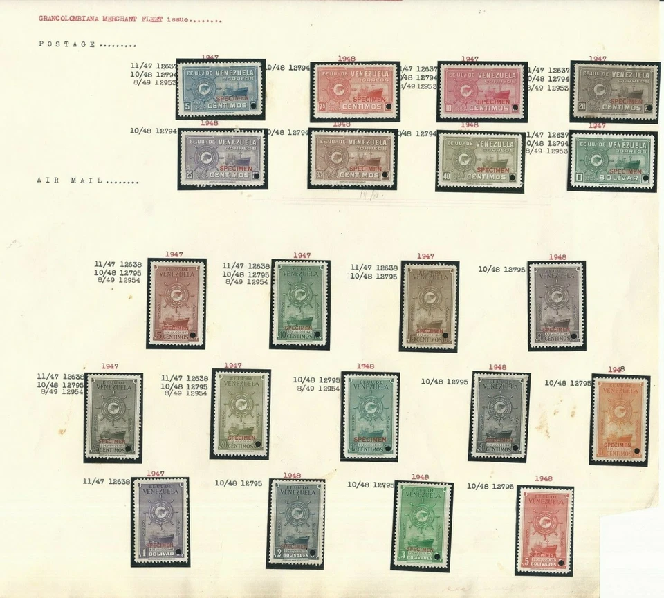 Venezuela: 1948; Lot of 21 stamps Grand Colombian Merchant "Specimen", VG002 - Image 1 of 1