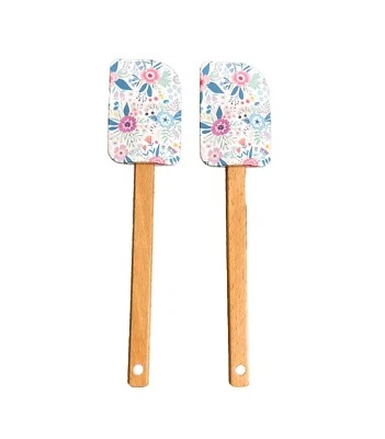 Juego de 2 espátulas de agitación/raspador de herramientas de silicona con mango de madera floral Foto 1 de 2