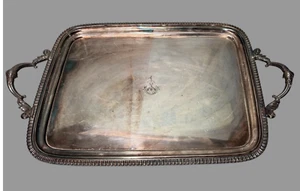 Vassoio da portata vintage antico vittoriano argento piatto manico emblema Sanstache - Foto 1 di 6