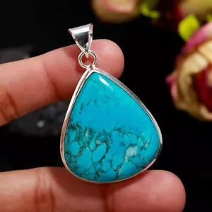 Tibetan Turquoise Gemstone Handmade Jewelry 925 Sterling Silver Pendant For Her - Picture 1 of 6