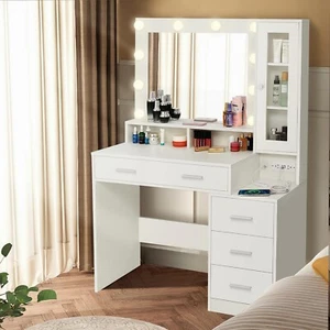 Makeup Vanity Desk w/Charging Station,Lighted Mirror,Drawers&Glass Door Cabinet✨ - Picture 1 of 7