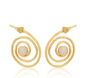 18k Gold Plated Spiral Stud Earrings Twisted Band Hoop Earrings With Moonstone - Picture 1 of 4