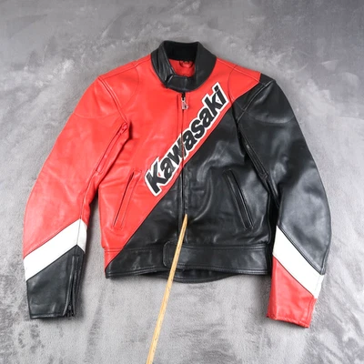 Vintage 80s HEIN GERICKE Kawasaki Racing Leather Jacket Size 38 Red Black - Image 1 of 4
