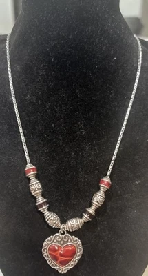BRIGHTON PARK AVENUE HEART Red Leather Silver Reversible Pendant NECKLACE - Image 1 of 4