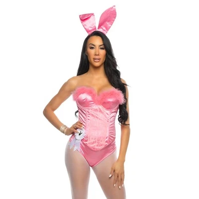 Playboy Bunny Costume Satin Lace Bustier Shorts Rabbit Ears Tail Pink PB167 - Image 1 of 4