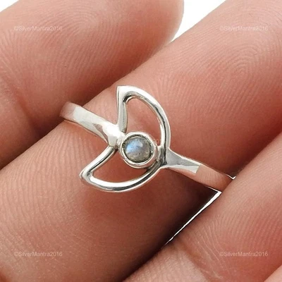 Rotondo Naturale Labradorite Argento Sterling Massiccio Luna Lunetta Mix Anello - Immagine 1 di 4
