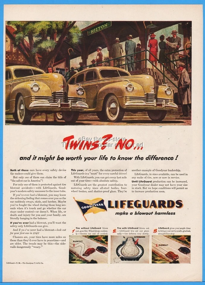 Anuncio impreso Goodyear 1945 neumáticos salvavidas entrada hotel Hilton gemelos coches amarillos Foto 1 de 1