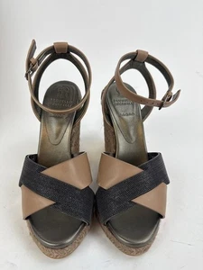 Brunello Cucinelli Women's Monili Leather Wedge Espadrille Sandals EU35 US5 - Picture 1 of 8
