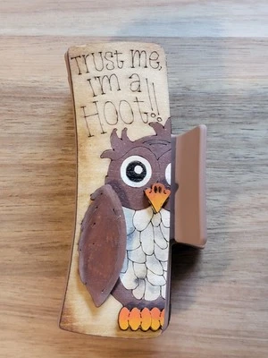 Hand Painted Wood Cut Owl Claw Clip On Brown Clip 4.1"  - Image 1 of 2