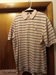 RALPH LAUREN Polo Golf Shirt. Mens Size L. Pink W/Navy Blue Stripe. Pony Logo. - Picture 1 of 7