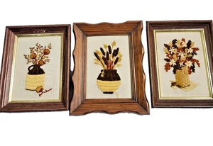 Vintage handgestickte Herbst Blumen Holz gerahmte Bilder Wandbehang Kunst Set 3 - Bild 1 von 17