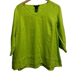 Ali Miles Top Medium Women's Lime Green 100% Linen V-Neck 3/4 Sleeve Blouse - Picture 1 of 5