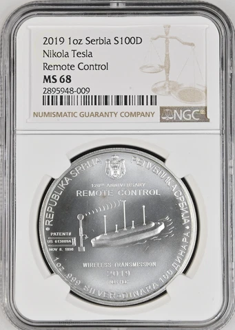 2019 100 DINAR/1OZ SILVER SERBIA NGC MS68 TESLA REMOTE CONTROL RARE R3 LOW POP Cover