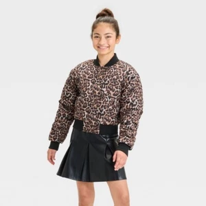 NWT Art Class Girl's Brown Large Leopard Print Bomber Jacket Snap & Full Zip - Picture 1 of 11