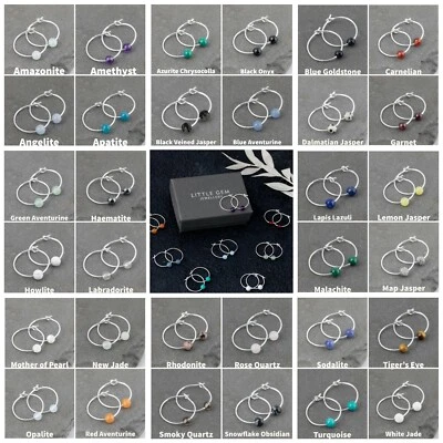 Tiny Boho 15mm Hoop Sterling Silver Earrings - Choose Own Gemstone - Gift Box - Image 1 of 2