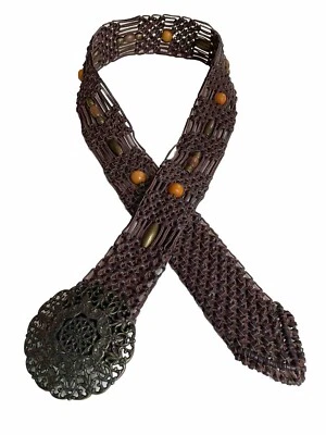 Cinturón ancho tejido fósil trenzado cuero genuino con cuentas boho/hippie para mujer talla L Foto 1 de 3