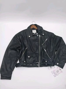 Avec Les Filles Women's Jacket Crop Moto Leather Zip Long Sleeve Black Sz L New - Picture 1 of 16
