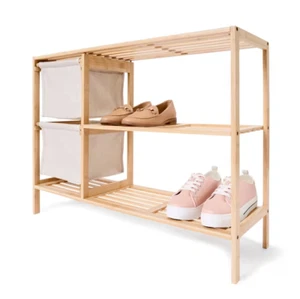 Linen Look Bamboo Shoe Storage with 2 Baskets Collapsible Removable Drawers - Picture 1 of 11